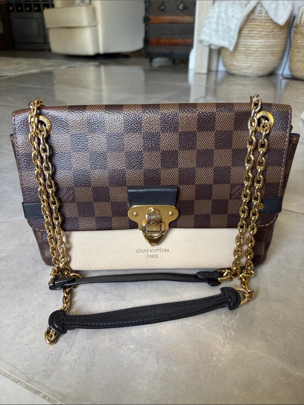 Louis Vuitton Brown Damier & Cream Leather Chain Crossbody Bag